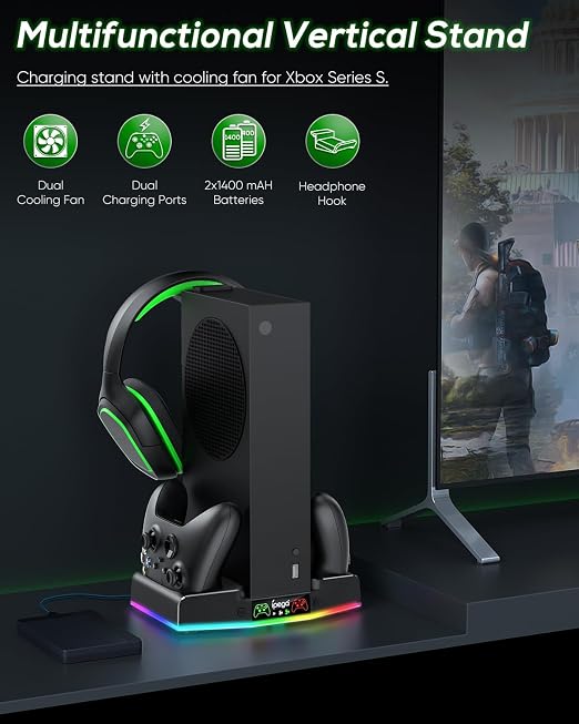 Cooling Stand & Charging Station for Xbox Series S with RGB Light Strip,Dual Controller Charger & Cooler Fan for XSS Console Accessories with 2*1400mAH Rechargeable Battery Pack,1*Headphone Hook,Black