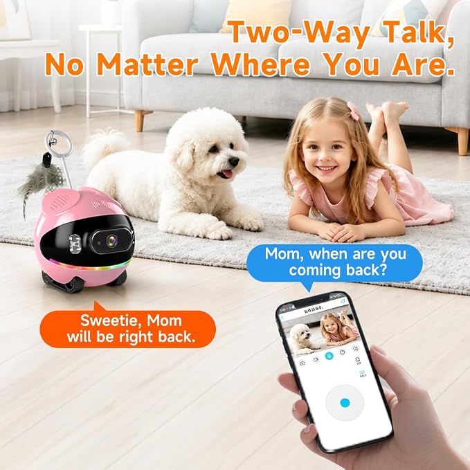 Pet Camera Robot with Cat Teaser: Battery-Operated, Movable with Phone App, 2-Way Talk, Video/Photo, Night Vision (Pink)