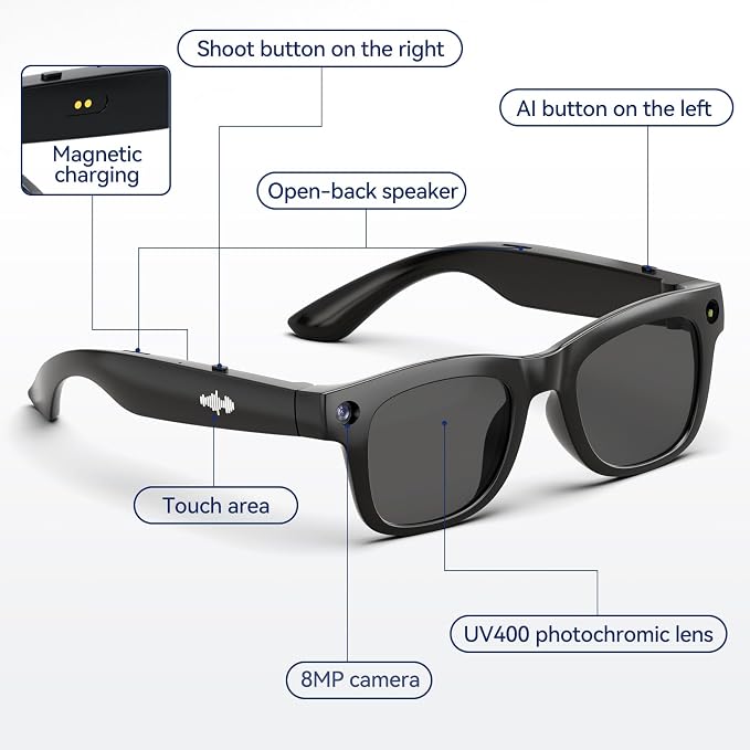 AI Smart Glasses with HD Camera, BT Call, 8MP Anti-Shake Camera Glasses with 1080P Video Recording Dual Mic, Simultaneous Interpretation/GPT Identify Objects, Black Lens
