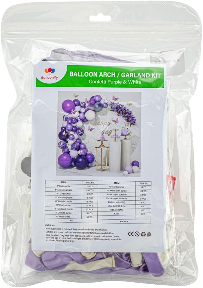 Restaurantware-Balloonify Balloon Garland Set, 1 Party Decoration Kit - 110 Balloons, With Chain, Confetti Purple & White Latex Balloon Arch Kit, Includes Glue Dots, Ribbon & Knot
