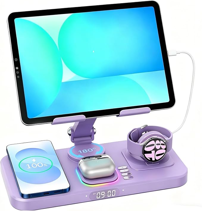 30W Tablet Wireless Charger for Samsung, Foldable Android Charging Station with Clock Display with 7-Color Light, Wireless Watch Charger for S25, Only Compatible Samsung Watch, Galaxy Buds3 Pro(Purple