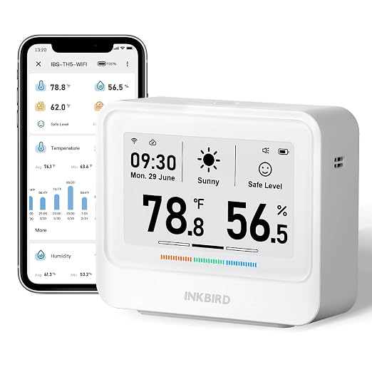 INKBIRD WiFi Thermometer Hygrometer, Temperature and Humidity Sensor with Weather Station, 9-in-1 IBS-TH5 with Electronic Ink Display, 2 Years Free Data Storage Export, Remote Monitor for Room