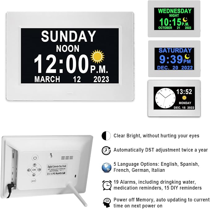 MASSII 27 Alarms Digital Talking Clock with Time Date Announcement, Auto DST, 20 Custom Reminders, 10-Level Dimmer, Sleep Trainer, Large Day Calendar Clock for Elderly Dementia Alzheimers -with Remote
