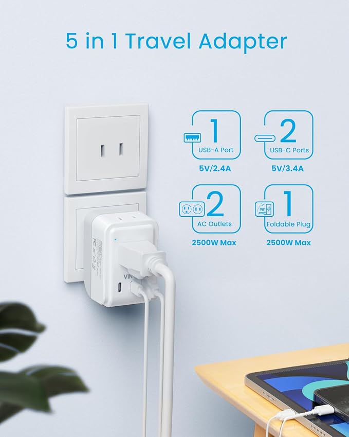 2 Pack US to Japan Plug Adapter, VINTAR Foldable Japan Travel Adapter with 2 Outlets and 3 USB Ports(2 USB C), 2 Prong to 3 Prong Outlet Adapter for USA to Japan China Canada Philippine, Type A