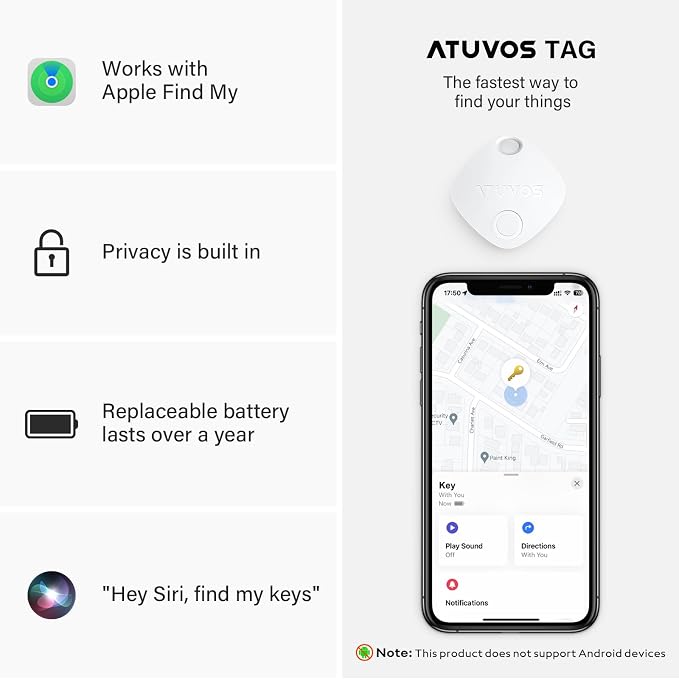 ATUVOS Luggage Tracker, Key Finder, Bluetooth Tracker Pairs with Apple Find My (iOS Only), Item Locator for Bags, Wallets, Keys, Waterproof IP67, Anti-Lost 2 Pack, White