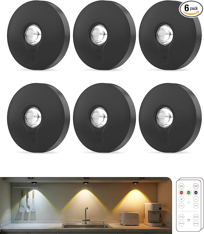 Rechargeable Puck Lights (6Pcs) with Remote, 1500mAh Battery, Dimmer & Timer, Wireless Led Stick on Lights for Bedroom, Kitchen