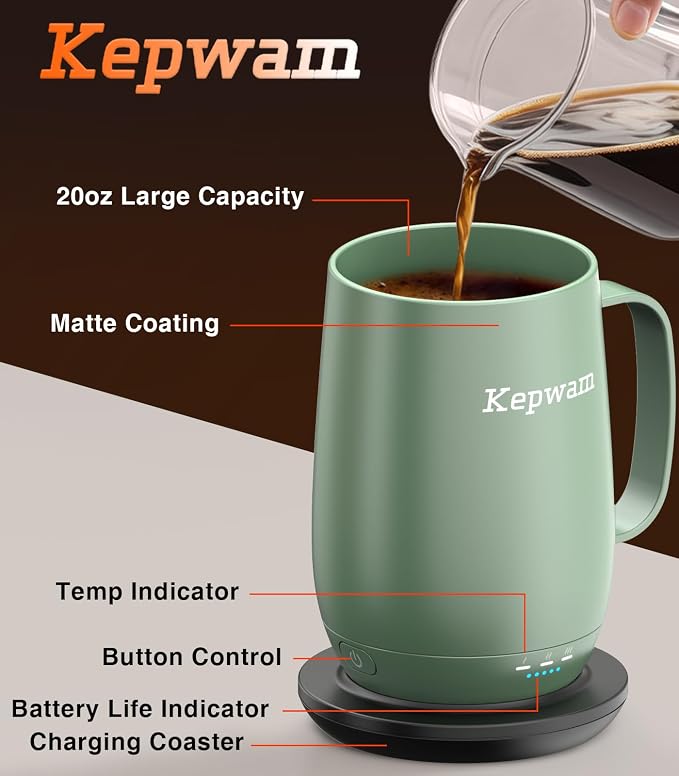 Kepwam Smart Heated Coffee Mug T2-Plus, 20oz Rechargeable Self Heating Coffee Mug with 8-Hour Battery & Temp Control, Perfect Coffee Warmer Gift for Men Women
