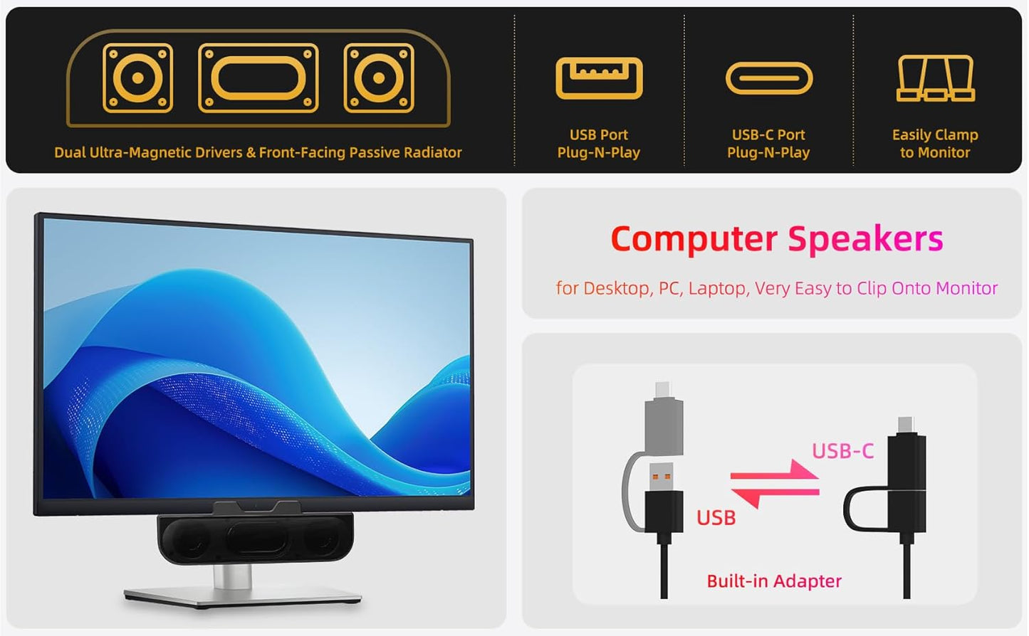 Computer Speakers for Desktop PC, Monitor Speakers, USB Plug-in, Wired, External Speaker for Laptop, Small Computer Soundbar for PC, with Loud Sound, Deep Bass, USB-C Adapter, Easily Clamp to Monitor