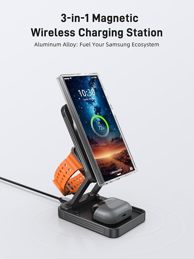 Magnetic Wireless Charger for Samsung, 3 in 1 Aluminum Alloy Charging Station for Samsung Galaxy S26 Ultra/Z Fold7/Flip7/Buds4, Qi2 Foldable Travel Watch Charger for Galaxy Watch Ultra/8/7