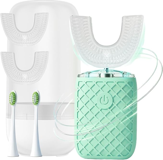Sonic Electric U Shaped Toothbrush for Adults, Automatic Full Mouth Cleaning Toothbrush, 360° Stain Removal, IPX7 Waterproof Rechargeable, 3 U-Shape & 2 Straight Brush Heads (Green-Cup)