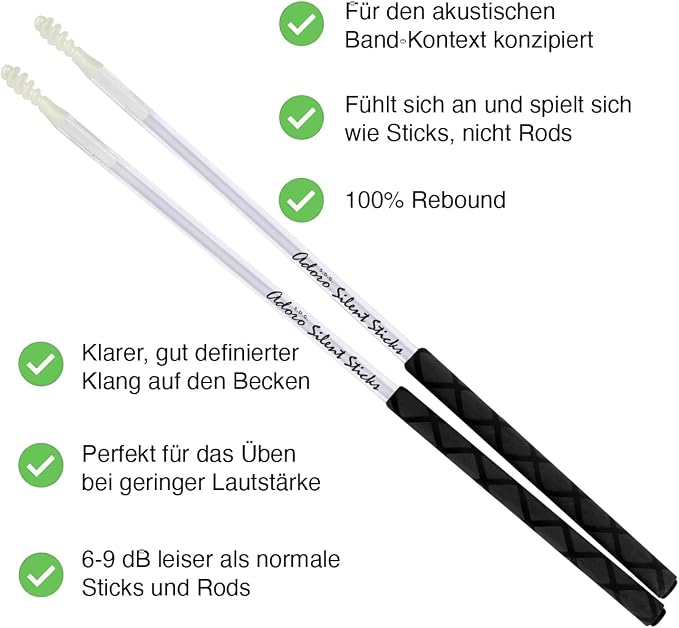 Adoro Silent Sticks & Bass Drum Beater Bundle - Quiet Sticks and Beater for Acoustic Drums or Cajon Pedal - (no Drum Shield, Mute or Dampeners needed anymore)
