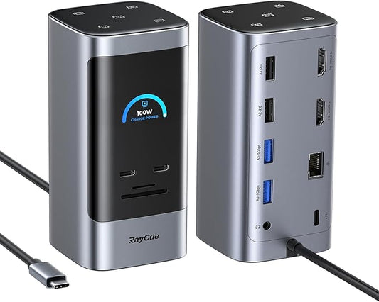 RayCue 14 in 1 Docking Station Dual Monitor, 2 * 4K HDMI, 6 USB Ports, 5 Shortcut Button, 1Gbps Ethernet, PD3.0(No Power Adapter), Laptop Docking Station for Dell/HP/Lenovo/Asus/Acer/Mac