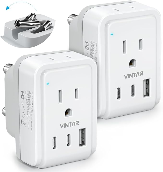 VINTAR Foldable Type M Adapter for South Africa - 2 Pack with AC Outlets & 3 USB Ports, Travel Essentials for US, Namibia, Nepal, Malaysia