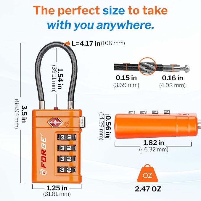 Forge TSA Approved Luggage Locks 4 Digit Combination TSA Travel Locks with TSA008, Open Alert Indicator, Zinc Alloy Body for Luggage, Suitcase, Backpack, and More. Orange 2 Locks.