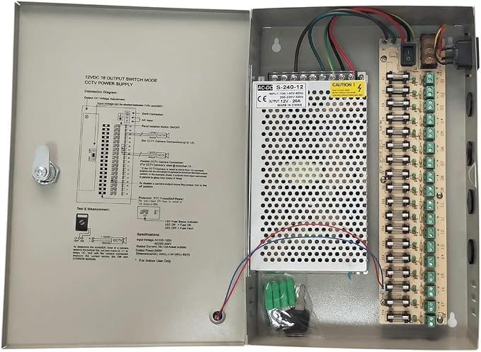 DC 12V 20 Amp 18 Channel/Port Power Supply Box Distribution for Security Cameras, IP CCTV DVR Surveillance System