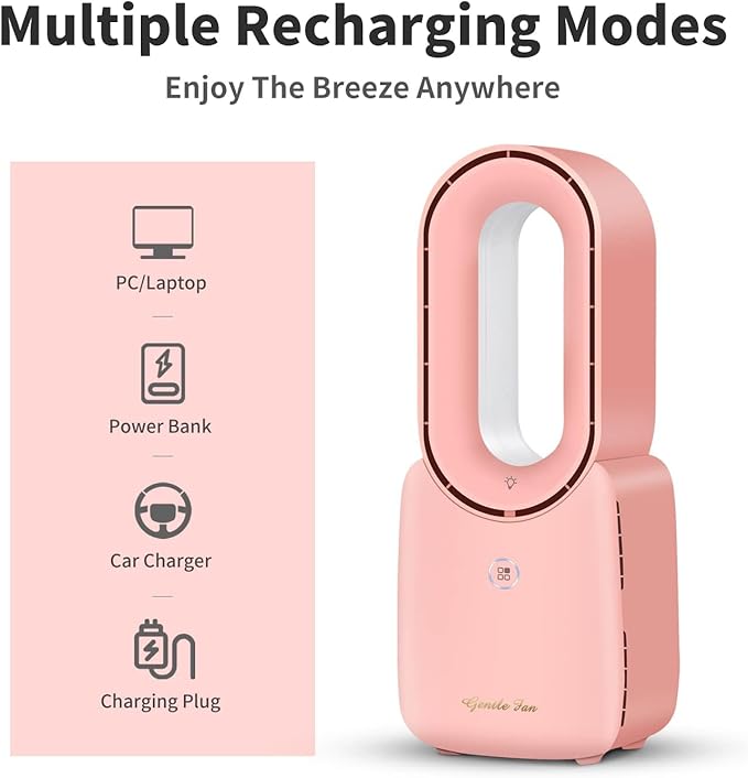 Misby Rechargeable Bladeless Desk Fan, 11.8 Inch with 5-Color LED Light, Small Quiet Table Fan for Bedroom Home Office Desk, Pink