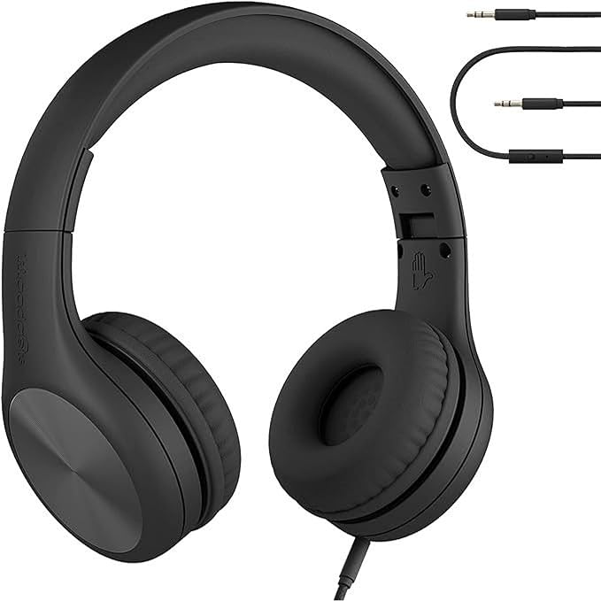 LilGadgets Connect+ Pro Wired Kids Headphones for School with Microphone, Volume Limiting Over-Ear Headset with Cord, SharePort Technology & SoftTouch Padding, Black