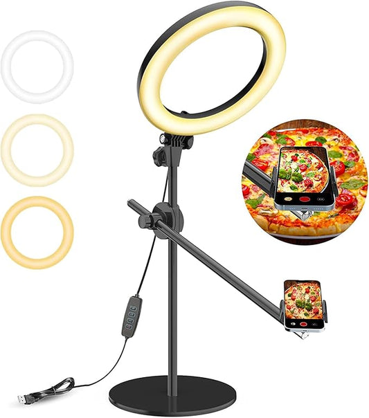 Selfie Ring Light with Stand and Phone Holder,Overhead Phone Mount with 10.5" Ring Lights,Desk Circle Lingt with Tripod Adjustable Shooting Arm for Video Recording,YouTube,TikTok,Live Streaming