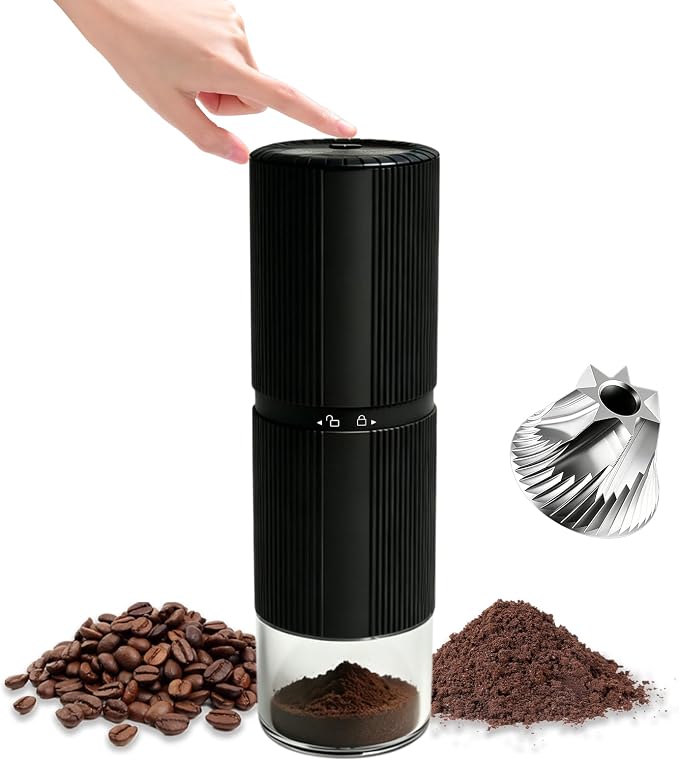 Portable Electric Coffee Grinder, 7-Blade Conical Stainless Steel Burr, 30+ Adjustable Settings, USB-C Rechargeable Cordless Handheld Metal Shell for Espresso & Travel - Black