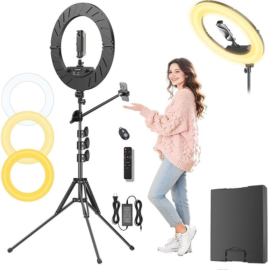 Ring Light 18" with Stand, 55w 6700K LED Light,63" Tripod,Multi-Angle Adjustable Phone Stand, for iPhone and Android Phones, CRI95, Suitable for YouTube, TikTok, Selfies (Black, 18")