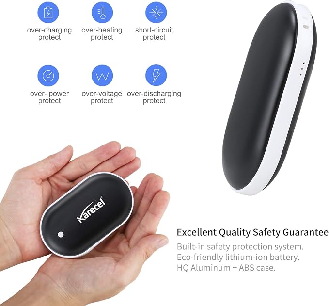 Karecel Hand Warmers Rechargeable 2 Pack, 10400mAh Double-Sided Heat Electric Handwarmers, 4-inch Full-Surface Heat, Reusable Portable Camping Hand Warmer, Gifts Men for Christmas, Winter Essentials