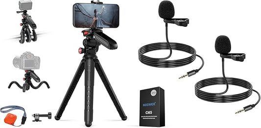 NEEWER TP36 Mini Flexible Tripod for iPhone & Camera with Remote/Handle/Phone Holder/Action Camera Adapter, Portable Pocket Desk Tripod for Travel Vlogging, 2 Pack Lavalier Lapel Microphone Included
