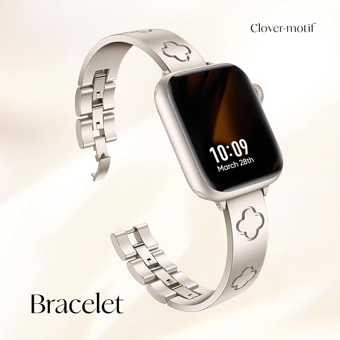 Missair Compatible with Apple Watch Band 38mm 40mm 41mm 42mm 44mm 45mm 46mm 49mm, Four Leaf Lucky Bracelet Women Dressy Stainless Steel Metal Clover Strap for iWatch Series 11 10 9 8 7 6 5 4 SE Ultra