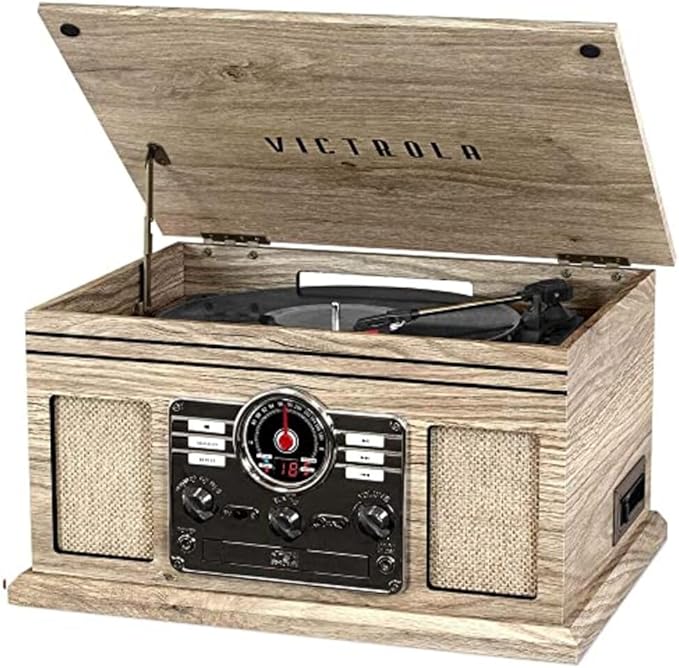 Victrola The Quincy 6-in-1 Bluetooth Record Player & Multimedia Center with Built-in Speakers – 3-Speed Turntable, CD & Cassette Player, FM Radio, Wireless Music Streaming (Farmhouse Oatmeal)