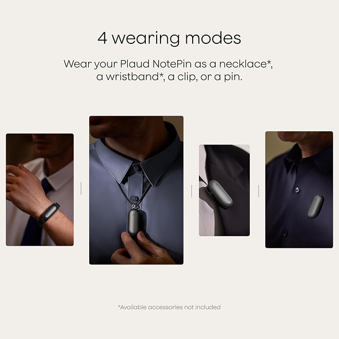 Plaud NotePin AI Voice Recorder, Voice Recorder with Adjustable Wearable Strap, Transcribe & Summarize with AI Technology, 64GB Memory