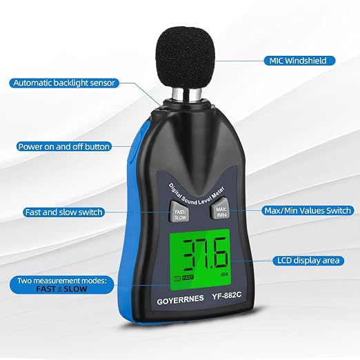Handheld Decibel Meter, Digital Sound Level Meter 30-130dBA SPL Decibel Monitoring Tester Sound Meter Noise Decibel Reader with Max/Min Hold Data Sensor LCD Backlight Display for Home Factory
