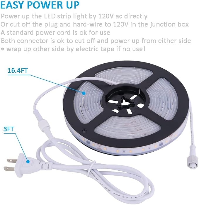 120V Dimmable LED Strip Lights 4200K Daylight, Work with Smart Plug,110V Dimming by Wall Dimmer, No Driver Need, Waterproof IP65, Length 16.4ft Under Cabinet Light, 115V Cove Light Accent Lighting