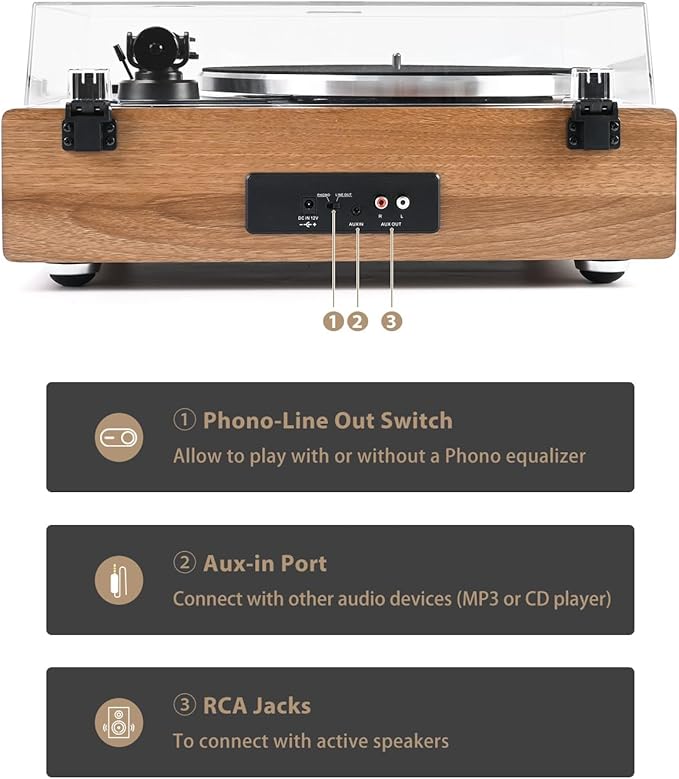 SeeYing Vinyl Record Player with Built in HiFi Speakers, Bluetooth Belt Drive Turntable for Vinyl Records with Magnetic Cartridge, Auto Stop and Warm Light Design