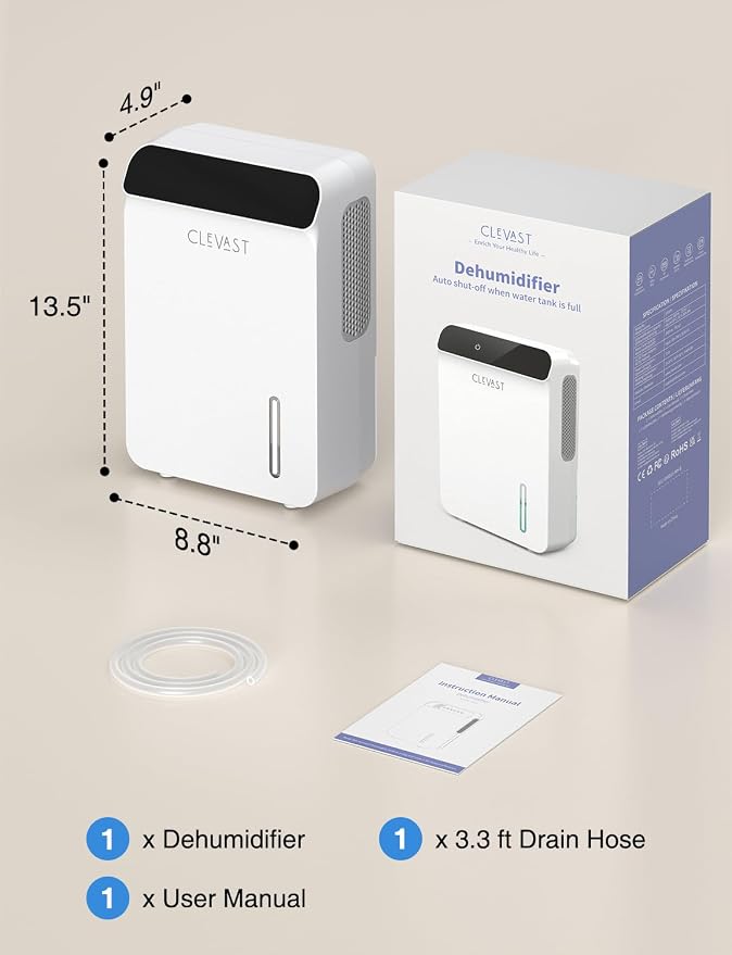 CLEVAST Dehumidifier for Home with Drain Hose, 68oz Water Tank Smart Humidity Control, Auto Shut Off, Quiet Small Dehumidifiers for Bathroom, Bedroom, Basement, RV and Camper