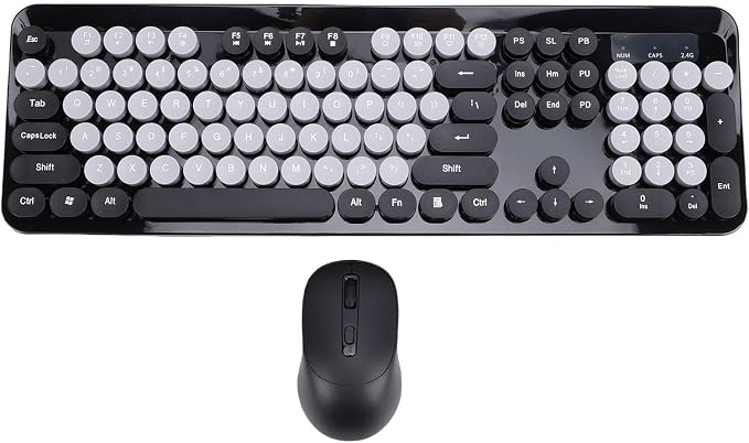 Wireless Keyboard and Mouse Combo, 2.4GHz Plug and Play with Retro Typewriter Style Round Keycaps, 104 Keys with Numeric Pad, for PC Laptop Desktop (Black)