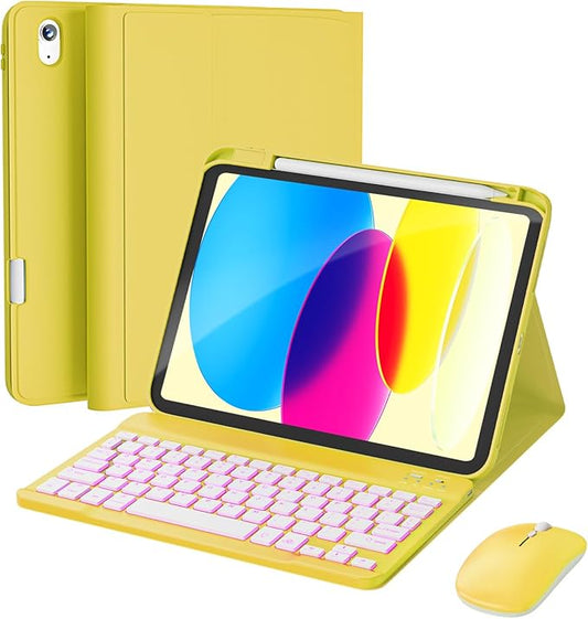 RAYMCRAFT for iPad 11th (A16, 2025) / 10th Generation Case with Keyboard, Mouse and Detachable Wireless Keyboard, 7-Color Backlight, Slim Case with Pencil Holder, Yellow