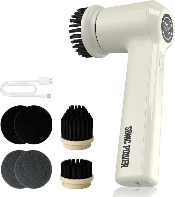 SonicPower Electric Spin Scrubber – Handheld & Ergonomic, IPX7 Waterproof, 4 Multi-Purpose Brush Heads, Long-Lasting Rechargeable Battery – Cleans Dishes, Bathroom, Tile, Grout & Kitchen (Beige)