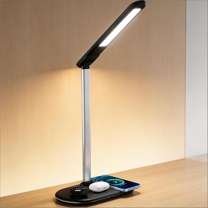 3-in-1 Wireless Charging Desk Lamp for Office&Home-15W Fast Qi Charger for Phone,Watch, AirPods,Adjustable Color&Brightness,Wide Angle Lighting,Touch Control,HYT2096 Black.
