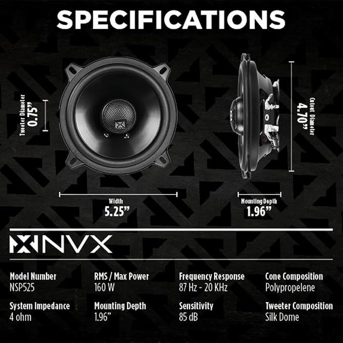 NVX NSP525 5.25" Car Speakers, 480W Max, 160W RMS, 2-Way Coaxial w/Silk Dome Tweeters & Built-in X-Overs, Easy to Install in Cars/Trucks/Doors (Pair)