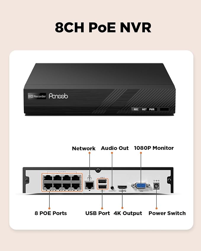 4K 8 Channel NVR, 8CH H.265 Network Video Recorder with 8 PoE Ports, Motion Alarm, 24/7 Recording, Smart Playback, Support 8MP/5MP/4MP/3MP PoE Cameras, One SATA Ports Up to 8TB (Without HDD)
