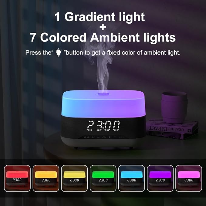 300ml Essential Oil Diffuser with Bluetooth Speaker & Alarm Clock | Auto Shut-Off, Colorful Night Light, Timer for Bedroom, Office, Yoga（White）