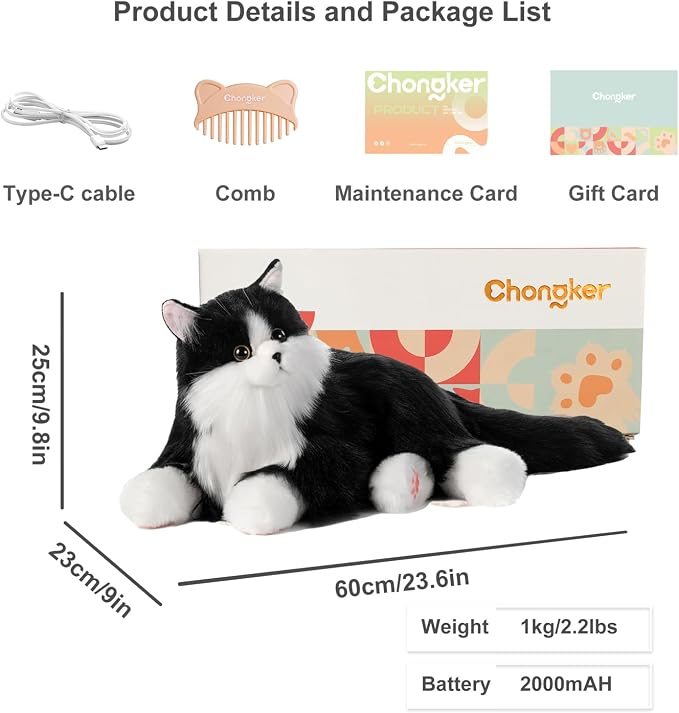 Chongker Interactive Companion Robot Cat Pets, Handmade Weighted Stuffed Animals, Cat Plush Toy with Voice Response, Realistic Heartbeat and Purring, Black Cat