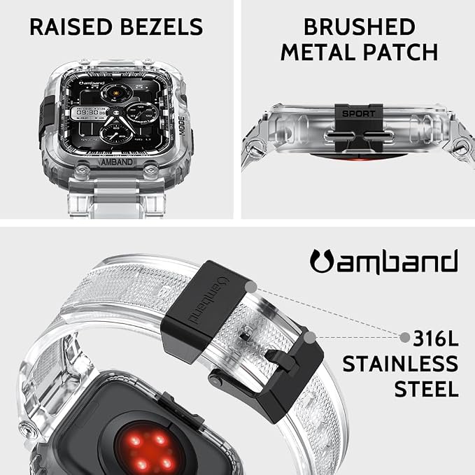 amBand Bands Compatible with Apple Watch 9/8/7 45mm, M1 Sport Series Rugged Case with TPU Strap Military Protective Tough Cover Bumper for iWatch SE3/SE2/SE/6/5/4 44mm Men Clear, Fathers Day Gift