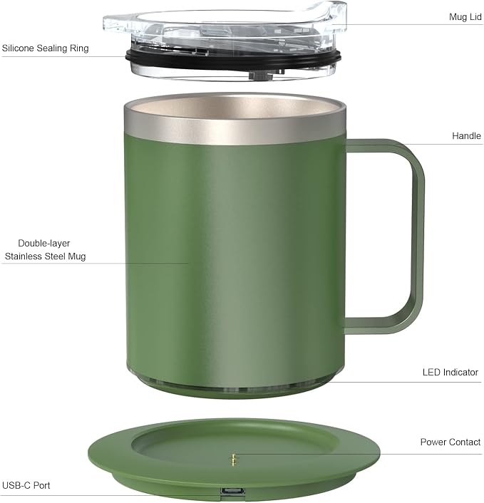 Gifts for Women Men, Heated Coffee Mug Up to 149°F, Ideal Gifts for Christmas, Birthday, Mother's Day, Father's Day or Any Occasion (12oz Green)