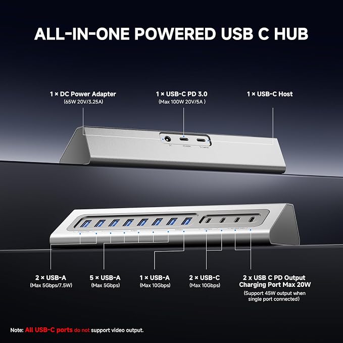 Gitfos Powered USB Hub,15 in 1 USB 3.2 Hub, USB C Hub with PD 100W, USB C 45W Charge, 10Gbps Data, 8 USB A, 65W Power Adapter, 3.3FT Cable, Aluminum USB Hub for PC, Laptop, Mac, Mac mini, iMac, iPad