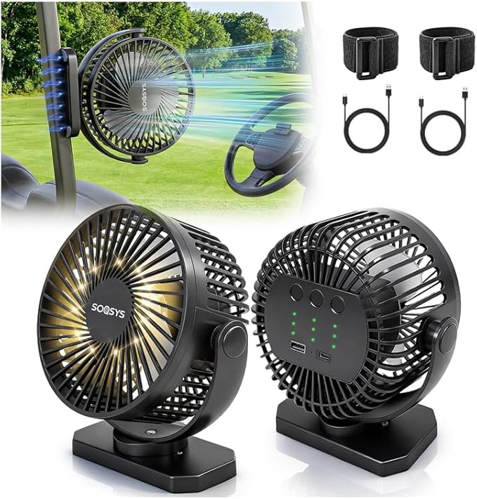 2-Pack Golf Cart Fans Rechargeable, 12000mAh Battery Operated Portable Fan with 2X Magnetic Fan Base, 3 Speeds, Lights - for EZGO Club Car Yamaha Golf Cart Accessories, Gifts for Men Dad Husband