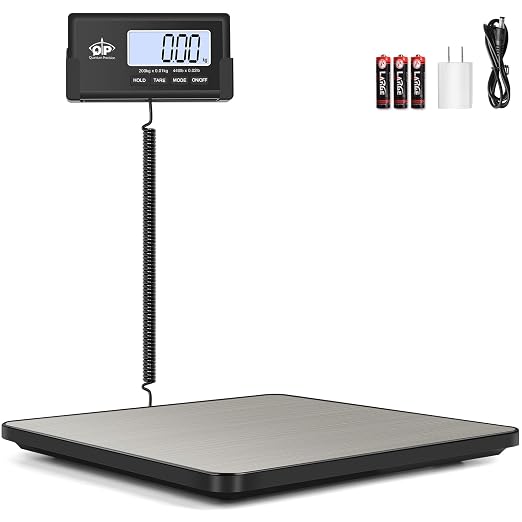 QP Shipping Scale for Packages, 440lb/0.35oz High Accuracy Digital Postal Scale, Postage Scale, Hold/Tare Function, Auto Off LCD Display, Lightweight Scale for Luggage/Pet, Battery&AC Adapter Included