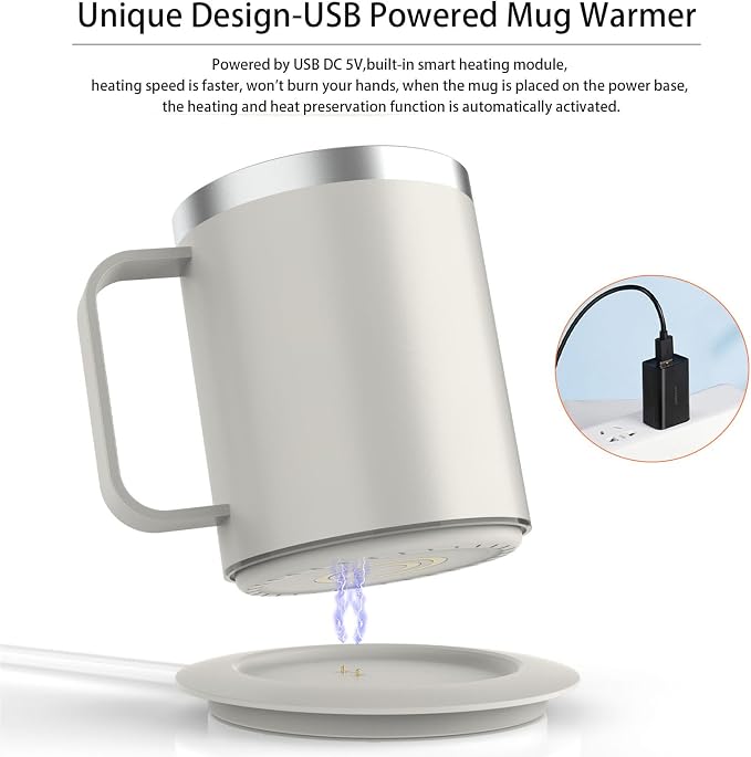 Coffee Warmer with Mug Set, Self Heating Coffee Cup, USB Powered Heated Mug Maintains 131°F, for Office & Home (Off White-12oz)
