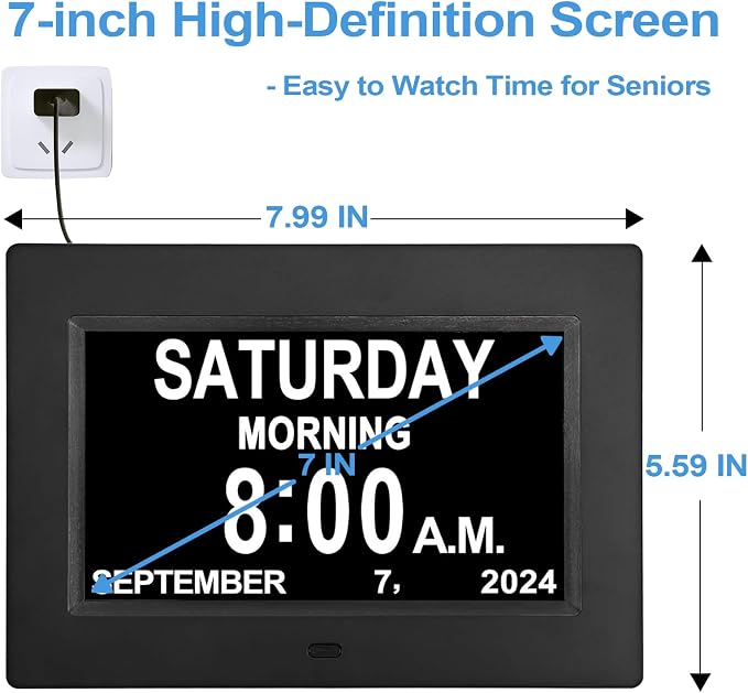 JALL 7" Large Digital Calendar Day Clock for Seniors 2026 - Easy to Read Alzheimer's Dementia Memory Loss Clock for Elderly with IPS Wide Angle，Day & Date, 12 Custom Alarms & Auto-Dimming, Black