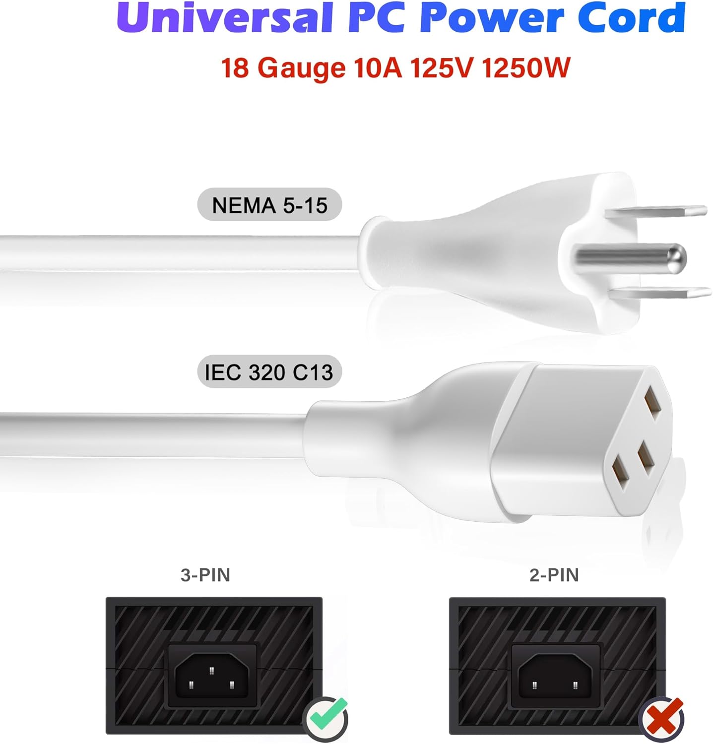 Adoreen 2 Ft Computer TV Replacement Power Cord White, 18AWG 3-Prong AC Universal Power Supply Cable NEMA 5-15P to IEC 320 C13 for Printer, PC, Monitor TV LCD, ETL+Ties