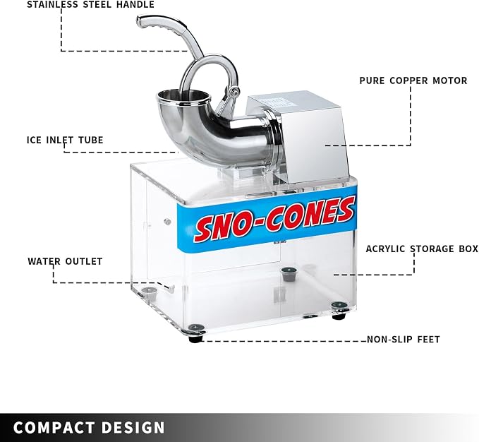 SNICE Snowflake machine Shaved Ice Machine Acrylic Big Storage Box Snow cone machines SS Blades ETL plug Commercial Smoothies Ice Crusher Party Use or Business Use Ice Shaver